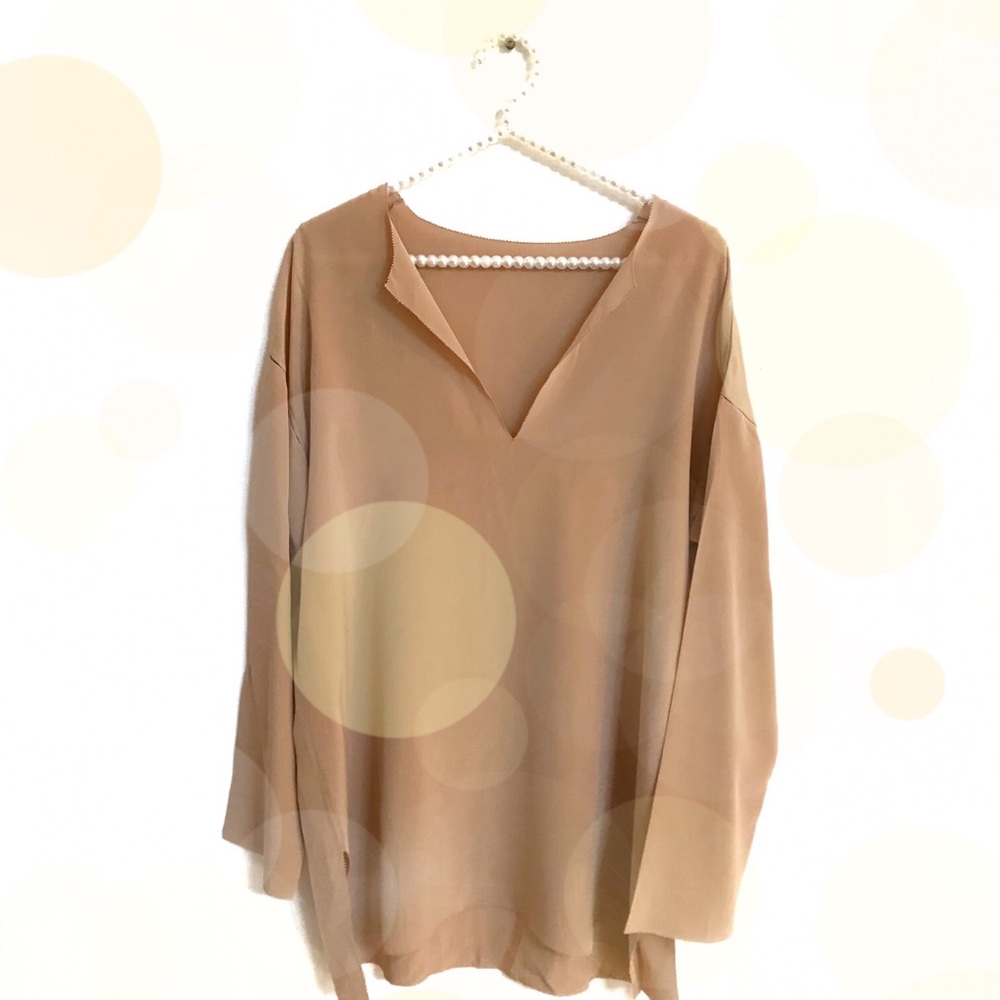 Beige V Neck Long Sleeve Lightweight Top, Bust 44”